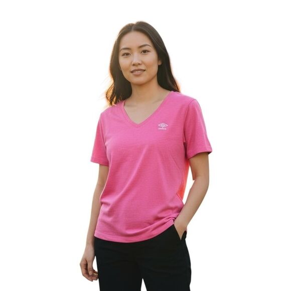 Umbro Shirt Womens Medium Pink V-Neck Short Sleeve Athletic T-Shirt Tee Logo - Picture 1 of 10